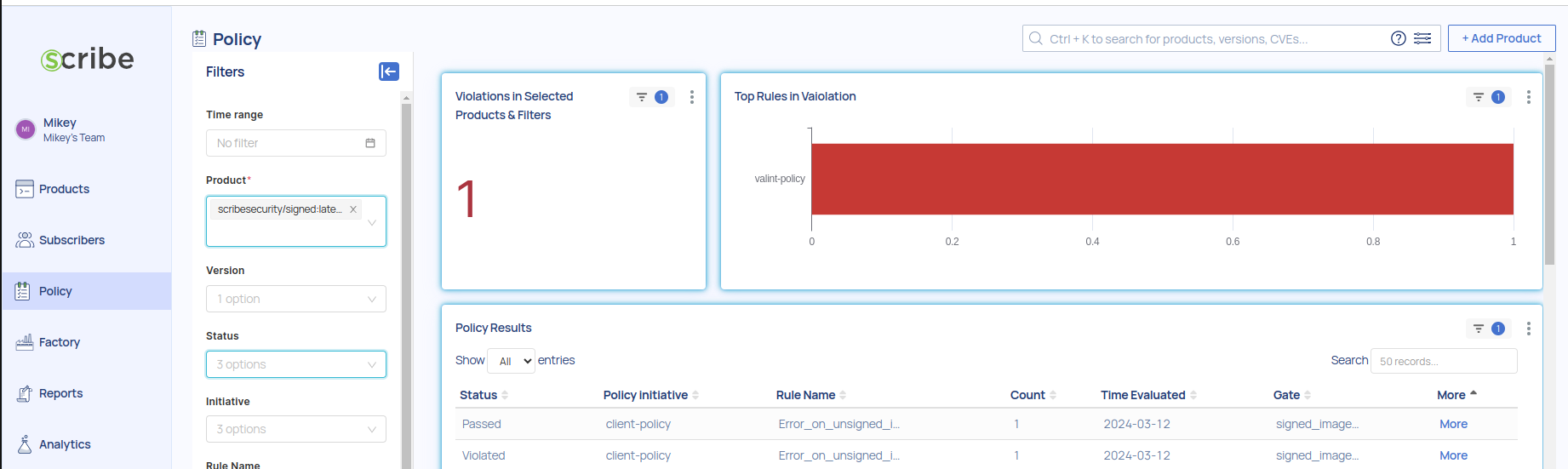 Policy Results view